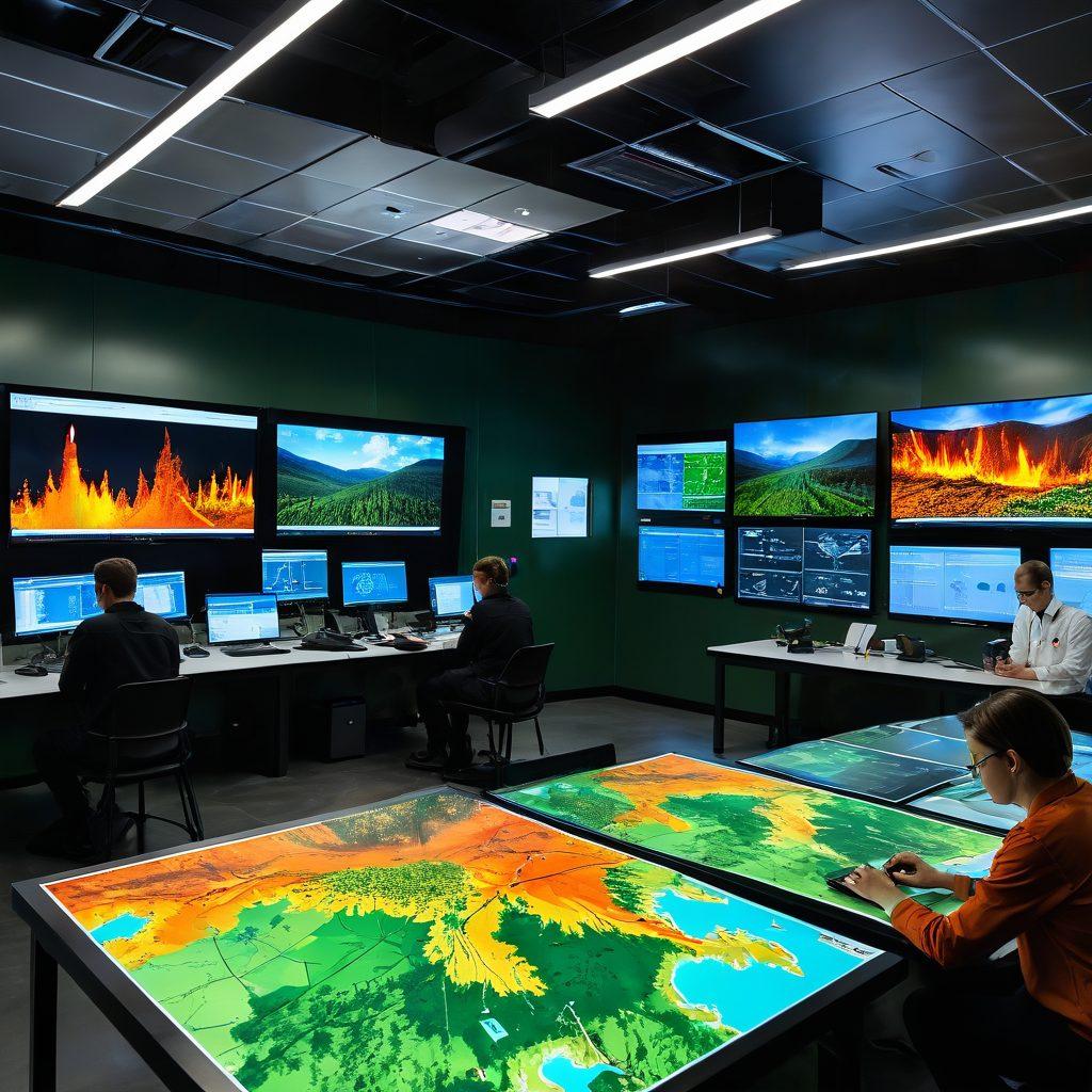 A dynamic scene showcasing a team of diverse researchers collaborating in a high-tech lab, with advanced wildfire prevention tools and interactive digital maps on screens. In the background, vivid imagery of a controlled burn and lush landscapes contrasts with burnt areas, symbolizing effective strategies. Bright orange and green color palette to emphasize urgency and hope. super-realistic. vibrant colors. 3D.