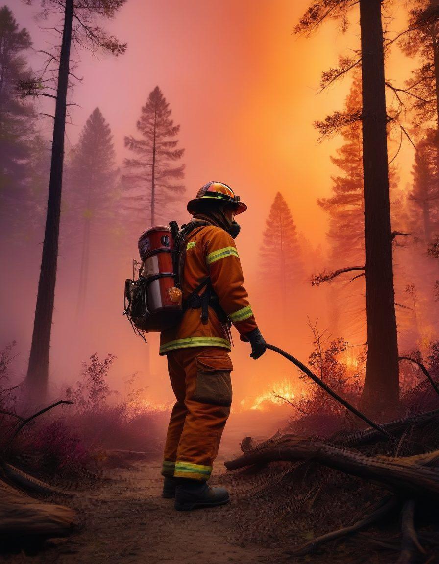 A compelling scene depicting a lush forest juxtaposed with areas affected by wildfire, highlighting both the beauty of nature and the importance of fire safety. In the foreground, a firefighter demonstrates preventive measures, while informative signs about wildfire management are visible. The sky shows a gradient of warm sunset colors adding urgency, and a subtle smoke effect in the background symbolizes the threat of wildfires. super-realistic. vibrant colors. atmospheric.